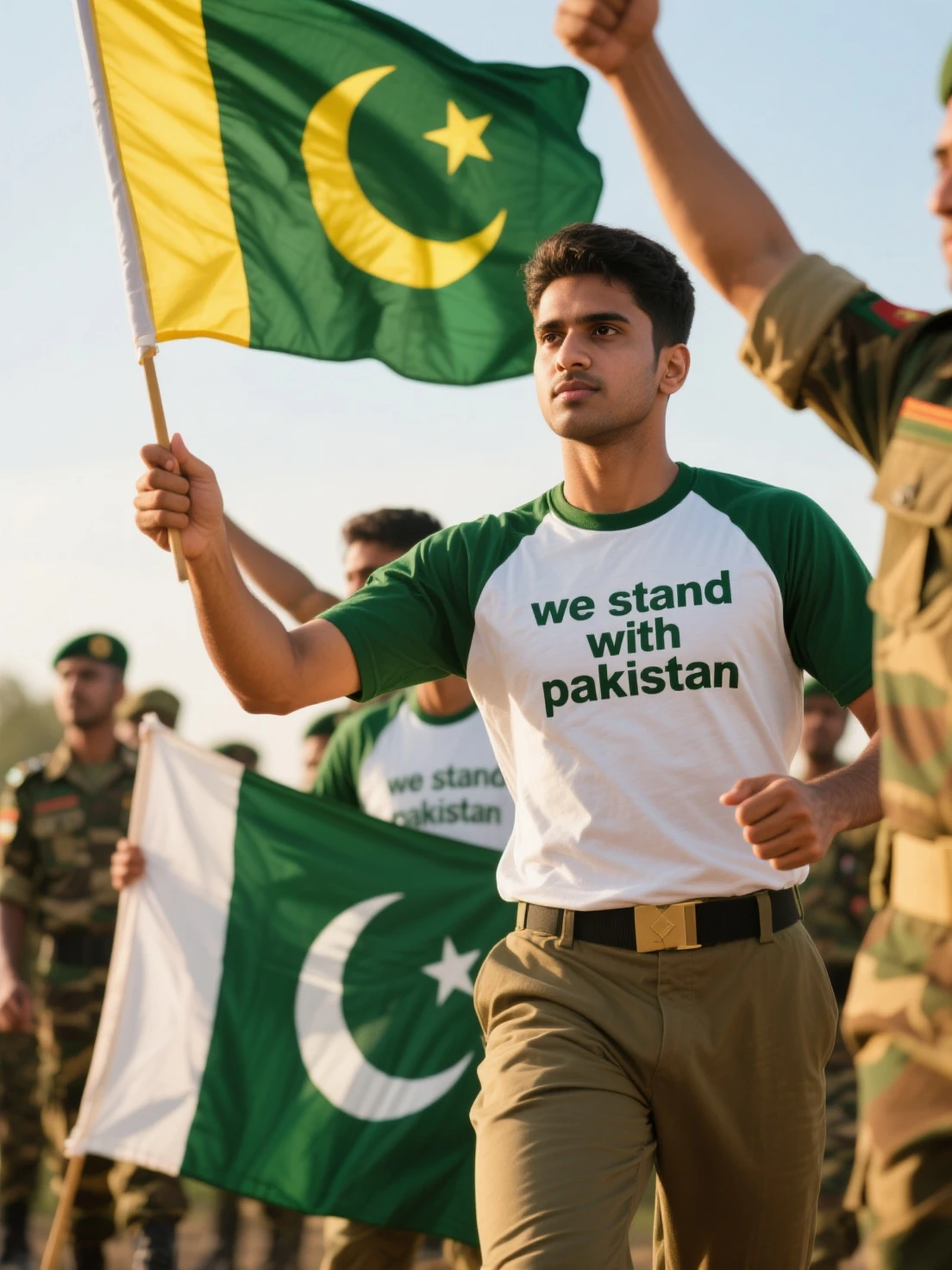 Make a picture in which Pakistani army t-shirt with the name Asad written on it, Pakistan flag in my hand and pakistan ringers with me, Pakistan flag in my hand and Nawaz Sharif stend with me