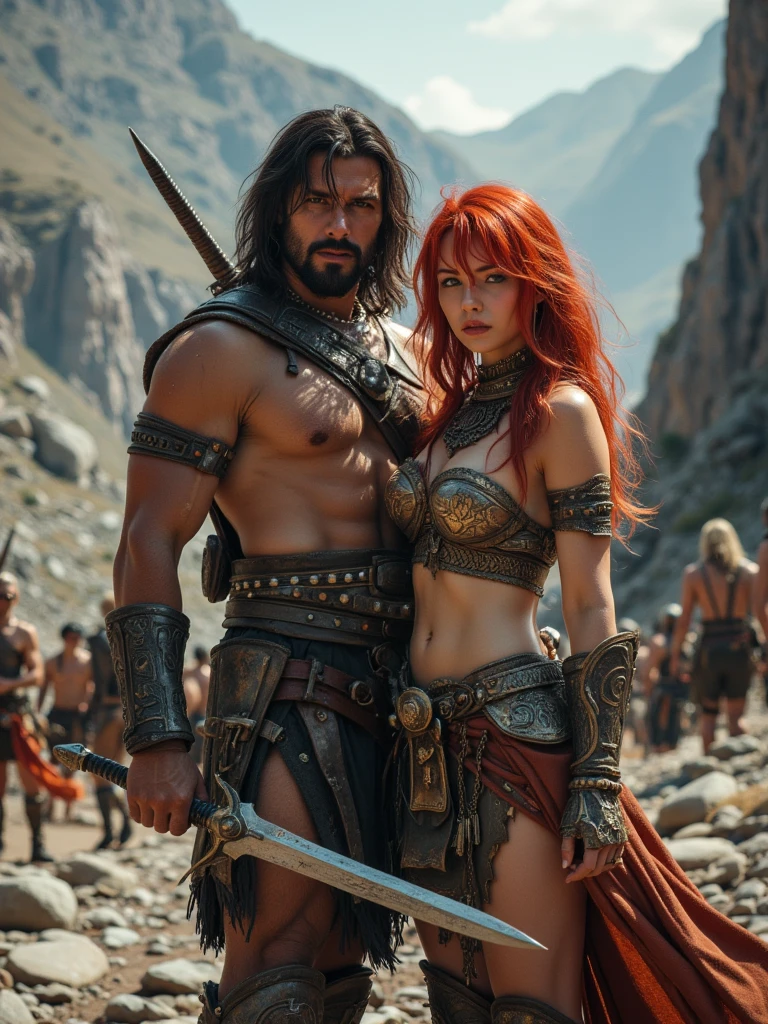 Conan and Red Sonja in a Cimmerian village in an epic battle scene, com o aparecimento de personagens inspirados nos quadrinhos.