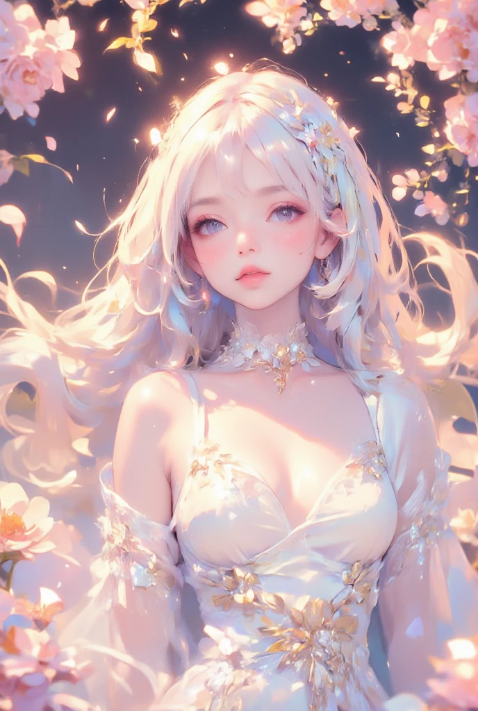 Highest quality、Silver hair straight、Her eyes are also silver、Big Breasts、Cute One Girl、Swimsuit、Background sea、Feels like being in a cartoon