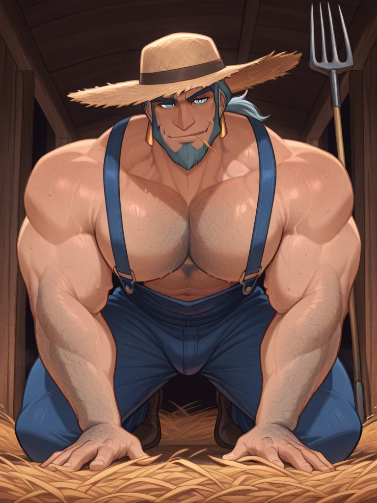 ((A muscular and bearded farmer man with huge manly breasts and puffy nipples)) (he also has a bit of body fat on him and has bigger and fatter belly covered in pubic hair)),((is located on farm and milking his huge man breasts through milking machine)), He is enjoying himself as his breasts are sucked aggressively by milking machine and he becomes erect. ((He is wearing tight short unzipped jean-skirt, suspenders and straw hat)),, (((his huge lactating breasts are hanging loose from his farmer t-shirt))) . ((He is blushing and massaging his manly breasts)), ((Nsfw)), ((milking)), ((milking machine is connected to his breasts)) , cows in the background, (( he produces so much milk the machine is overflowing:0.2)), his fellow farmer milks his erect nipples as milk sprays from them, ((his dick is being milked too)), ((„haha, pal! Look how much milk is flowing from my tits and dick!”)),