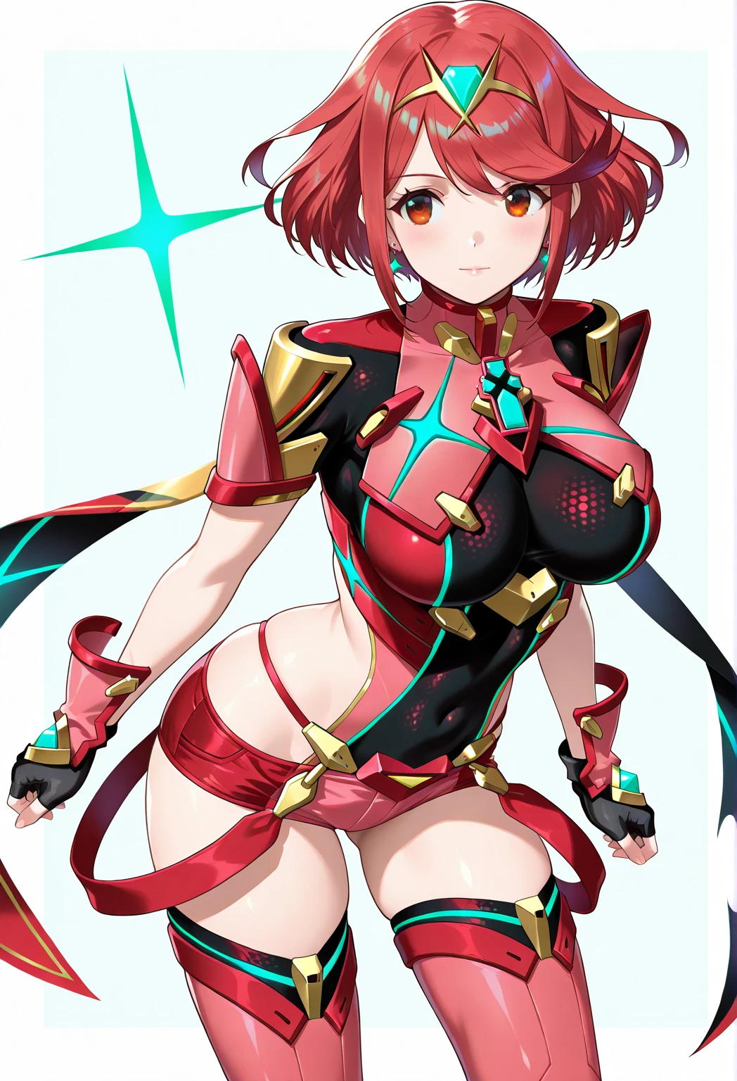 nsfw. score_9, score_8_superior, score_7_superior, anime, Homura(Xenoblade Chronicles 2), Red eyes, Redhead, short hair, tiara, Earrings, Chest jewels, High leg leotard, Diagonal bangs, Beautiful Eyes, Perfect Face, Perfect hands, Perfect Fingers, large breasts, Very beautiful long legs, Thighs, Puffy nipples, Pussy juice, Sexual Ecstasy, trembling, foot focus, squatting, arms behind head,