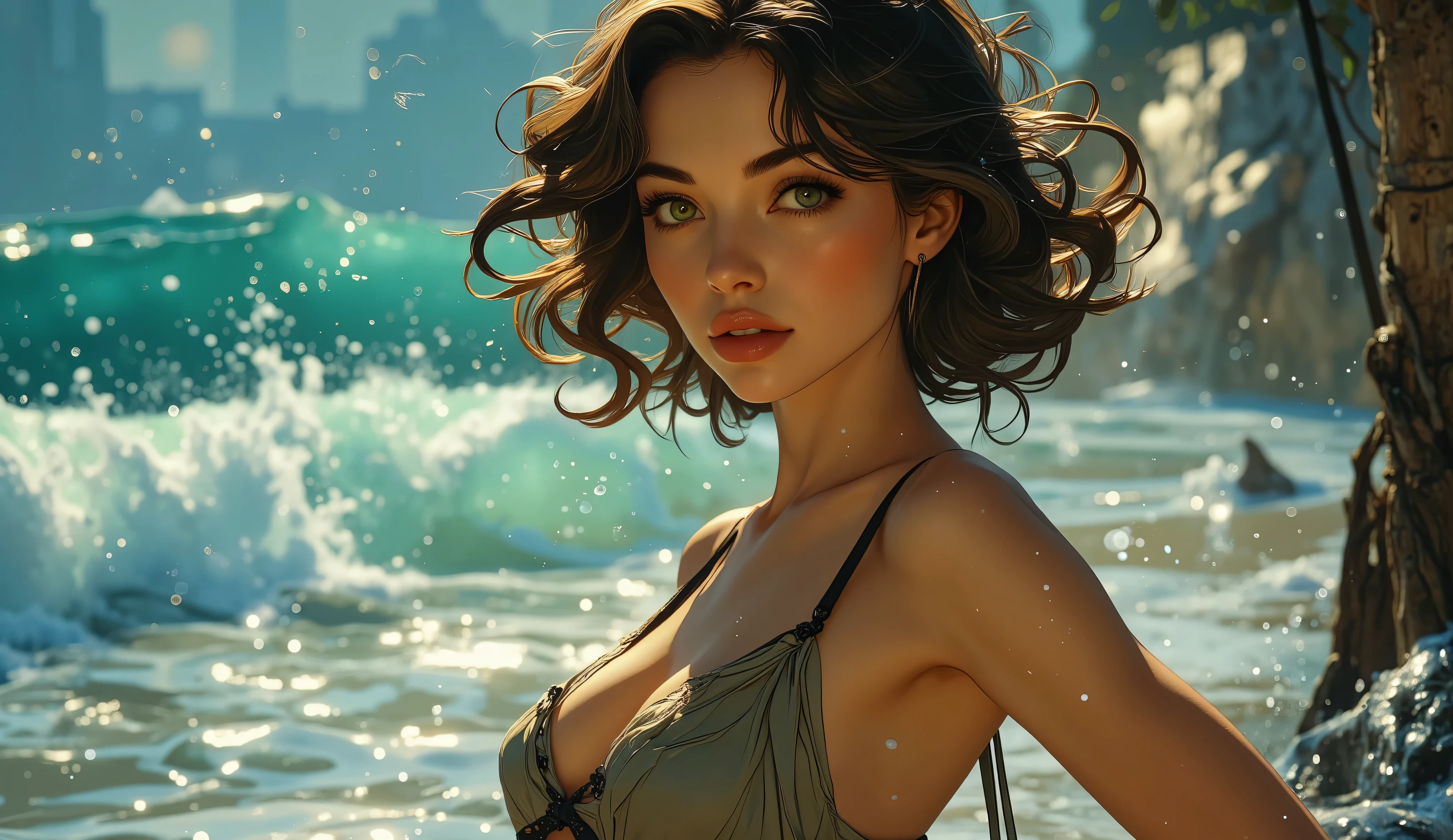arafed woman in a black bikini posing on the beach, retrato suave fotografado em 8k, retrato de beleza bronzeada, Retrato de 60 mm, 4k color photo portrait, 4k photo portrait, 8k Artistic Portrait Photography, Retrato de 70 mm, cinematic portrait, inspirado em Arik Brauer, foto de uma linda mulher, retrato de uma bela modelo