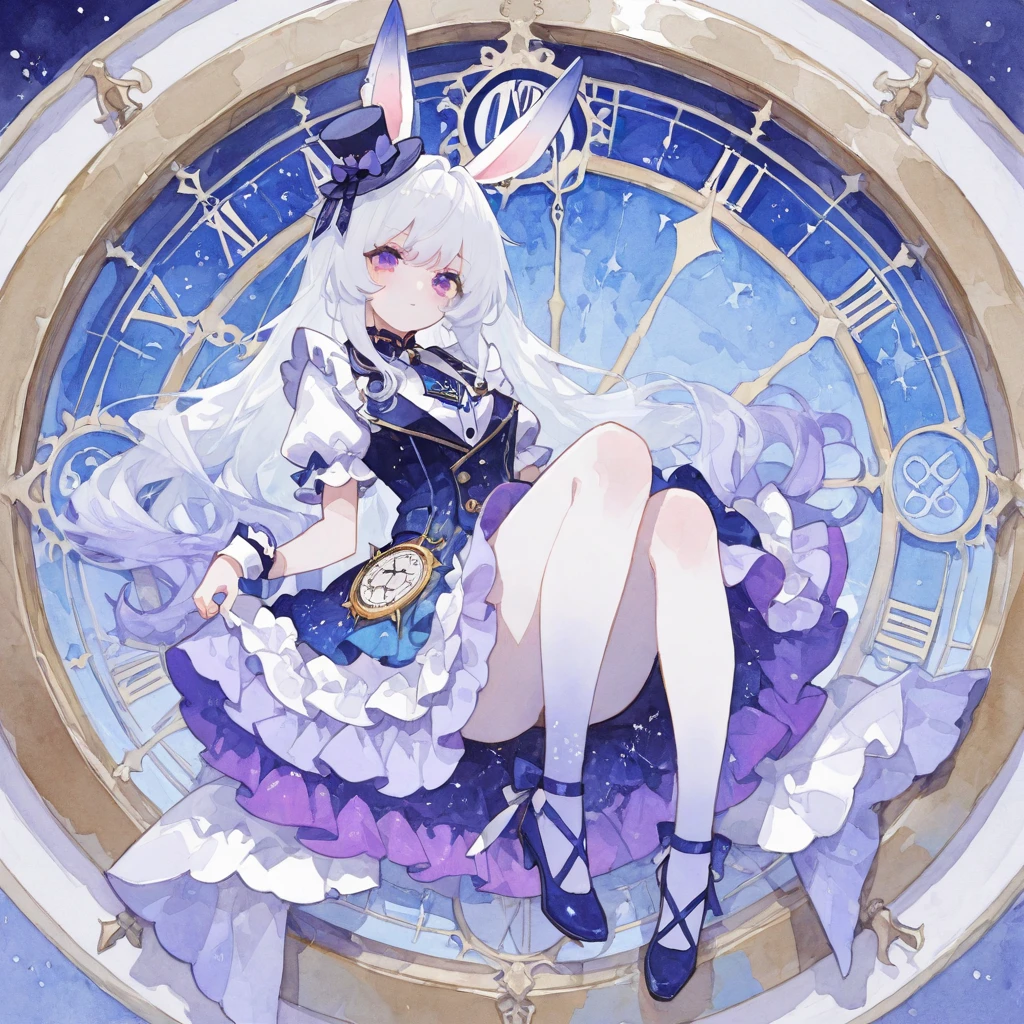 tmasterpiece, White hair anime female character with rabbit ears, , Shows fullness , Jacket, stretch pose, with a dynamic pose ((full bodyesbian)) , white colors、Red and purple,, trending on artstation pixiv, 2 d anime style, Anime character art, detailed anime character art, ultra - detailed, No ugly hands, Pretty face, Exposed short hair , Detailed hands , Detailed face , in blouse wearing , Meticulous shoes , Detailed eyes.Pink eyes,Gorgeous clock decoration,florals,Large skirt,fluffly,large scene,opulent,opulent,opulent,Blue Fairy,Stylish skirt,Clock decoration,Bunny Muppets,pocketwatch,Blue star,Brilliant night sky