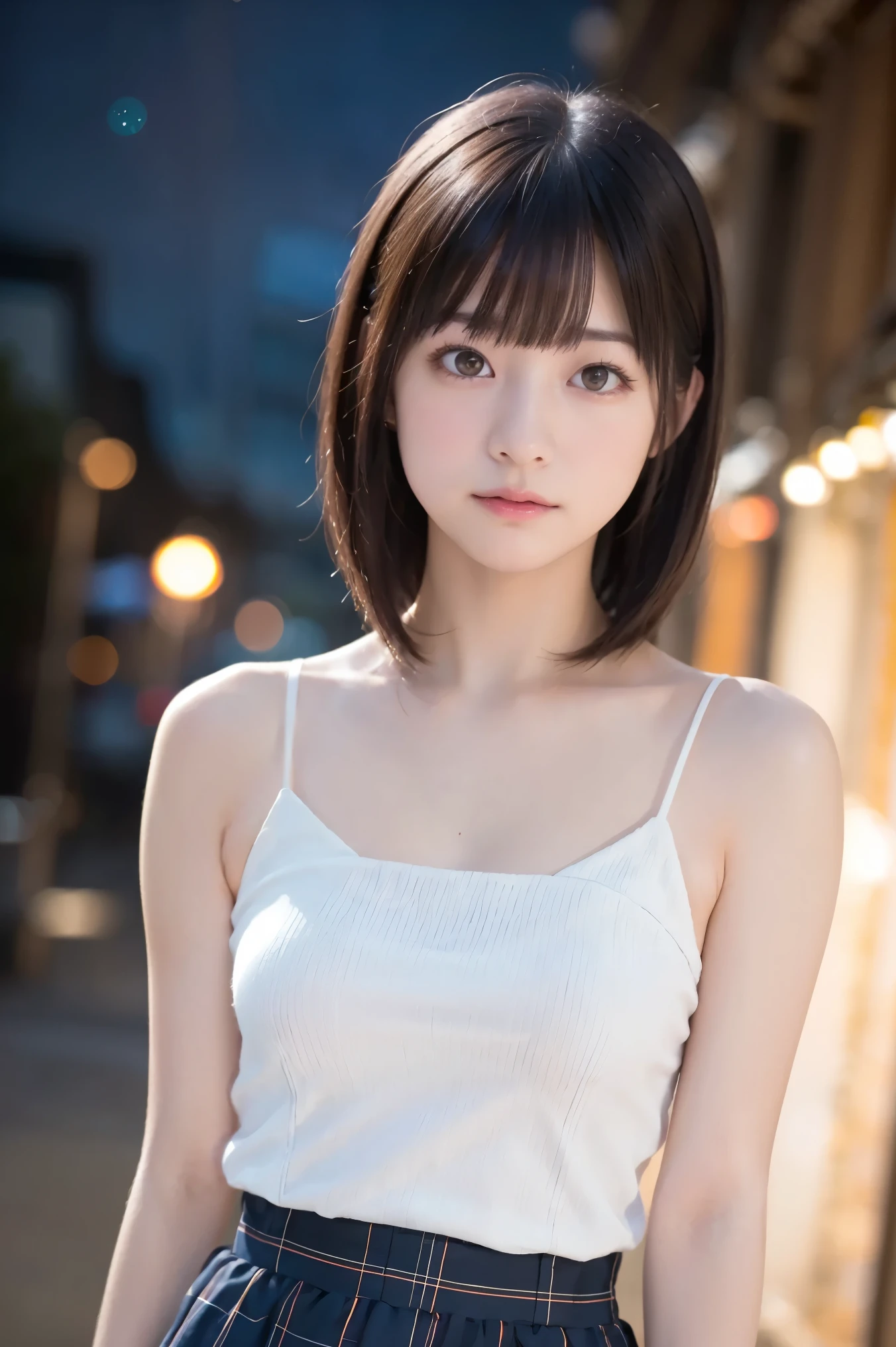 High Quality, Super Detail, female, bob cut, black hair, Sluggish bangs, blunt ends, night sky, beautiful expression , compassionate gaze, HDR, UHD, high definition, photographic realism, realistic skin texture, delicate texture, precise texture, Delicate Details, Atmosphere, natural lighting, Deep Shadow, mysterious atmosphere, realisticなポートレート, realistic, ultra-fine, High Quality, Masterpiece, Precision photography、from below