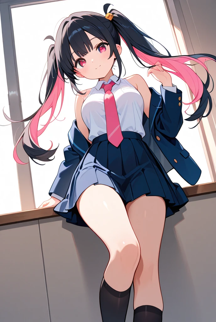 masterpiece, best quality, ultra detailed, 1girl, dark skin, twin tails, pleated skirt, thighhighs, cardigan, show striped panties, skirt fluttering in the wind, put hands hip, blush, aroused,