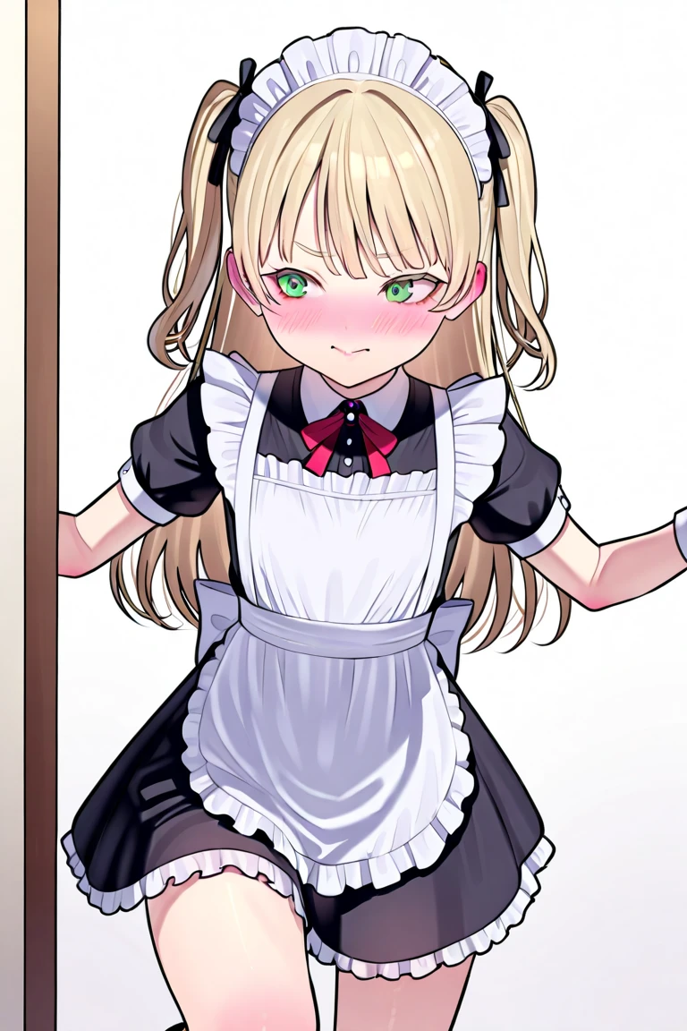 nsfw, masterpiece, One girl,Medium chest, Blonde, Twin tails, Hair above the eyes, Long bangs,Parted bangs, (Open_mouth,wavy mouth:1.2), cry, @ @, Grey Eyes, The pupils constrict, tears, Pointed Ears, Pale complexion,hands on own, Maid, Black Ribbon, Portraiture, View your viewers, From below, Dutch Angle, (emphasize_line:1.6)