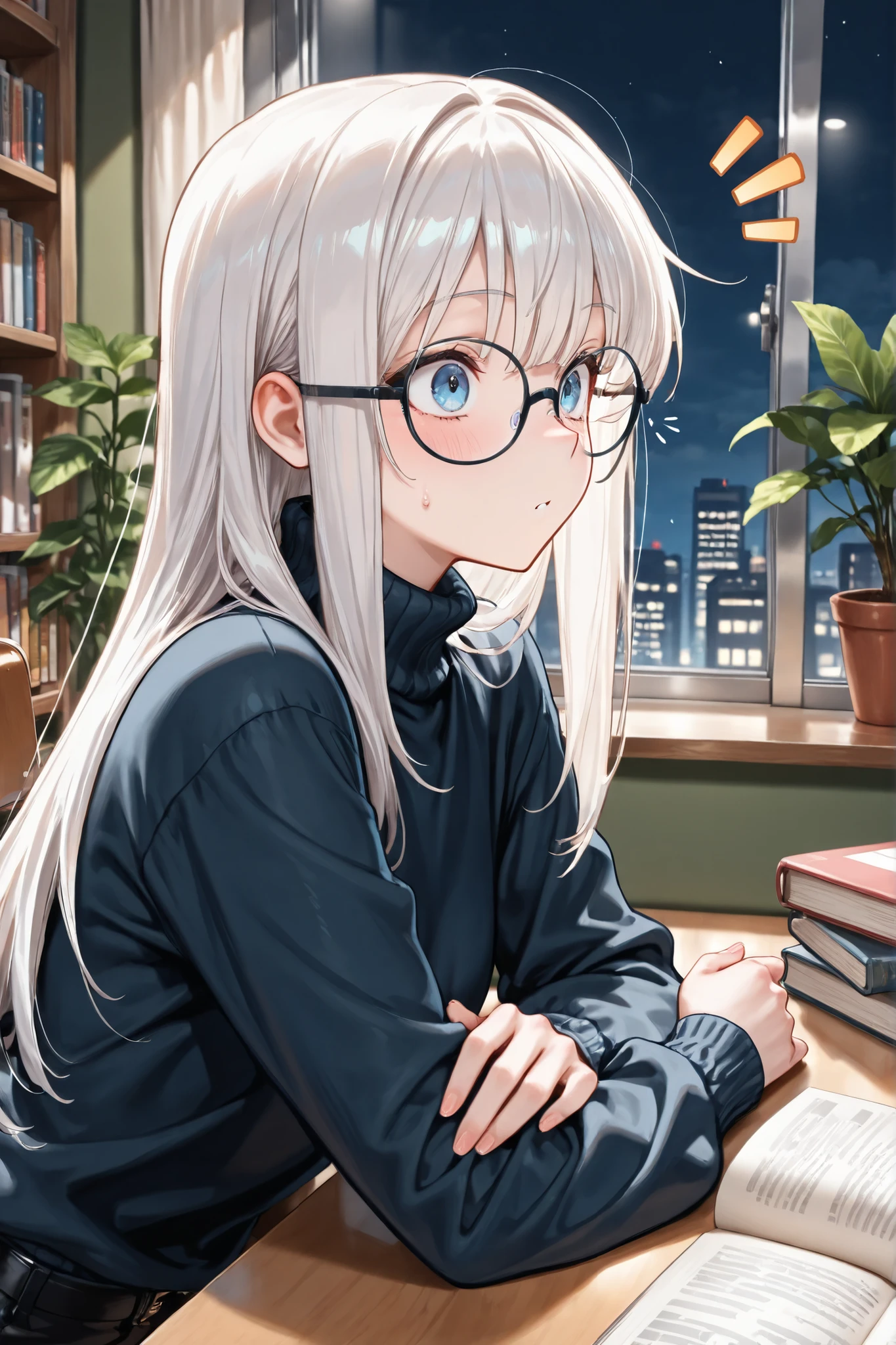 ((Masterpiece)),((best quality)),((incredibly absurdres)),((8K)),(semi realistic),
1 girl,solo,young female,aged up,kawaii,white hair,long hair,straight hair,blue eyes,small breasts,
(black eyewear),navy blue turtleneck sweater,loose shirt,black skinny jeans,
surprised,white notice lines,facing ahead,sweatdrop,sleepy,
sitting on chair,on stomach,arms on deask,
bookshelf,desk on book,houseplant,Window,night,green wall,
upper body,from side,