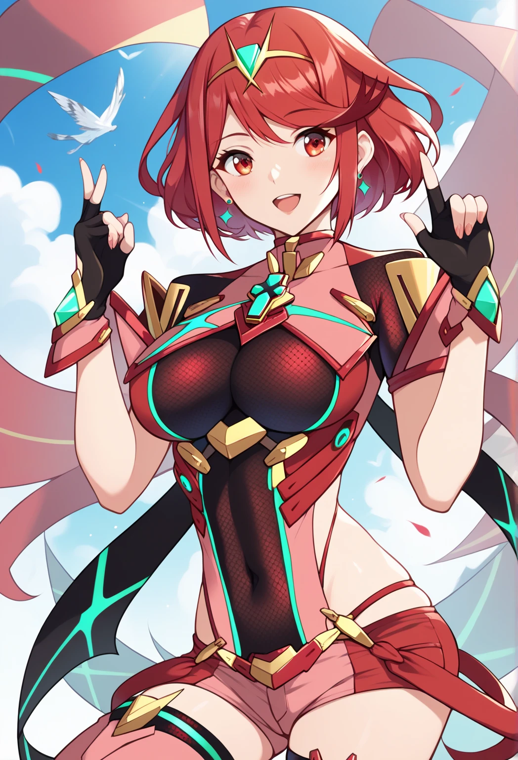 pyra \(xenoblade\), teen_1girl, loli, bangs, black gloves, breasts, red eyes, shout, earrings, eyelashes, fingerless gloves, floating hair, , gem, gloves, hair ornament, headpiece, jewelry, gigantic_breasts, leaning back, swimsuit, neon trim, official art, pose, red hair, saitou masatsugu, short hair, sidelocks, skin tight, solo, swept bangs, thighhighs, tiara, fantasy_town_background, underbust, xenoblade chronicles \(series\), (xenoblade chronicles 2), (spread_legs:1.1), fire_effect,fighting,light_smile, (plump:1.1), big_ass,huge_sword, hold_large_sword_hilt, covered_nipples, covered_pussy, fists,beautiful_fingers,(solo:1.1), bare_shoulder,(shoulder_naked:1.2), nipple_jewel, (very_short_shorts:1.3),(lise_leg:1.4)