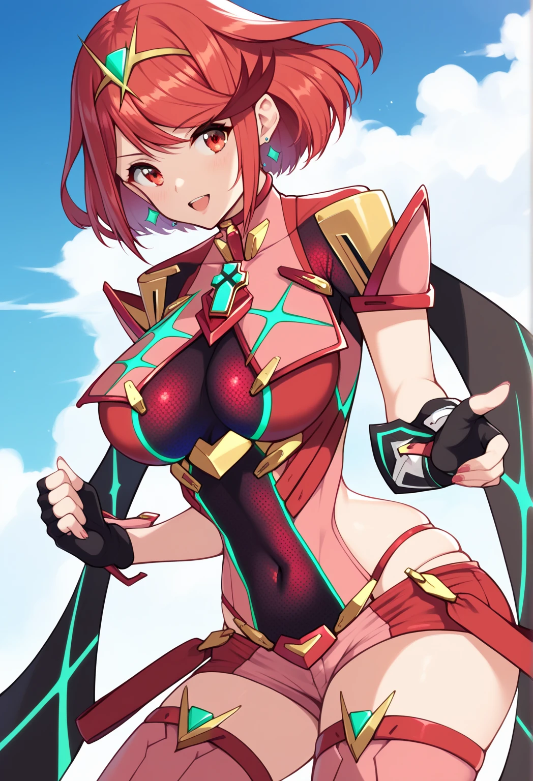 nsfw、Pyra \(Xenoblade\)、女の子 1 人、s Armor、bangss、black gloves、breastsout、red eyes、a closed mouth、耳Nipple Ring、eye lashes、fingerless gloves、floated hair、Framed chest、Pedras preciosas、gloves、hair adornments、head piece、jewely、huge tit、leaning、leotard、neon trim、offcial art、the pose、redhair、Red Shorts、Masatsugu Saito、short-hair、shortpants、shortsleeves、shortpants、side locks、skintight、独奏、is standing、Bangs shed、thigh-high socks、tiarra、Garden background、turtle neck、Underbust、Carpal armor、Xenoblade Chronicles \(series\)、(Xenoblade Chronicles 2)、