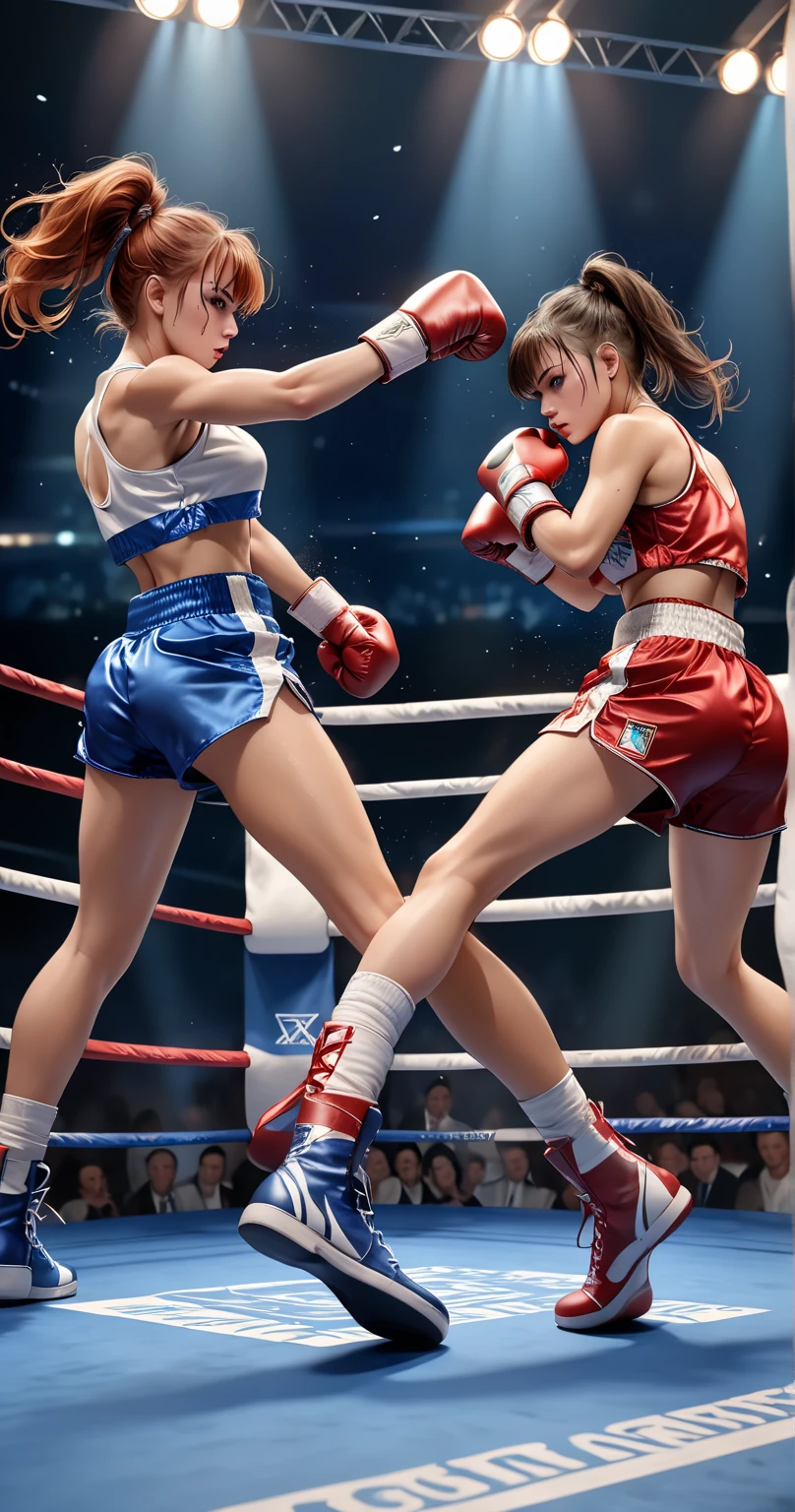 (best quality,4k,8k,highres,masterpiece:1.2),ultra-detailed,(realistic,photorealistic,photo-realistic:1.37),2_girls,boxing match,boxing ring,fighting,sweat and blood,determination,strong punches and powerful kicks,muscular bodies,adrenaline rush,victory in the air,powerful swings and jabs,energetic movement,fierce competition,athletic prowess,fast footwork and agility,intense rivalry,exciting crowd,blazing speed,swinging ropes,spotlights,punching gloves,fluid motion,endurance and stamina,face-off,corner men and coaches,cheering and clapping,aggressive fighting style,protective headgear,mouthguards,adrenaline-fueled race,unyielding resilience,competitive spirit,dynamic action,boxing fans,hard-hitting blows,noisy and intense atmosphere,battle for the championship,split-second reflexes,skilled footwork,ferocious hooks and uppercuts,feints and dodges,fighting for glory,fierce determination,boxing trunks,sweaty and tired bodies,body protection,bruised and bleeding faces,vibrant energy,unleashing their power,lit-up arena,unstoppable willpower,sweat-soaked ring,thunderous applause,unforgettable knockout moments,fighting for respect