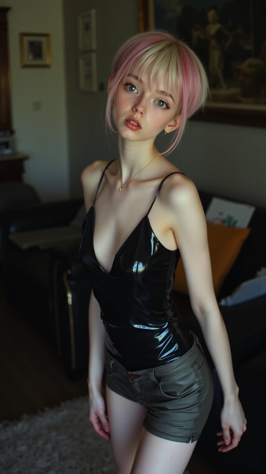 (超A high resolution, Best Quality, masutepiece:1.2),(Realistic, Photorealsitic:1.35),Ultra-detailed,BREAK,1girl in,(Pixie Hair:1.1),Black eyes, (blondehair:1.2),(pink streaked hair:1.1),(Colossal tits:1.3),hyperdetailed face、Detailed lips、A detailed eye、Double eyelids、Dark eyeliner、Iris heterochromatic eyes, thick eyebrow、detailed facial expression,(hposing Gravure Idol),(full body Esbian),(wetted skin:1.2),Natalie portman,thigh highs, long hair, jirai kei, skirt, rings, jewelry, black thigh highs, shirt, cross, black skirt, frills, gothic, bow, tattoo, ribbon, long sleeves、