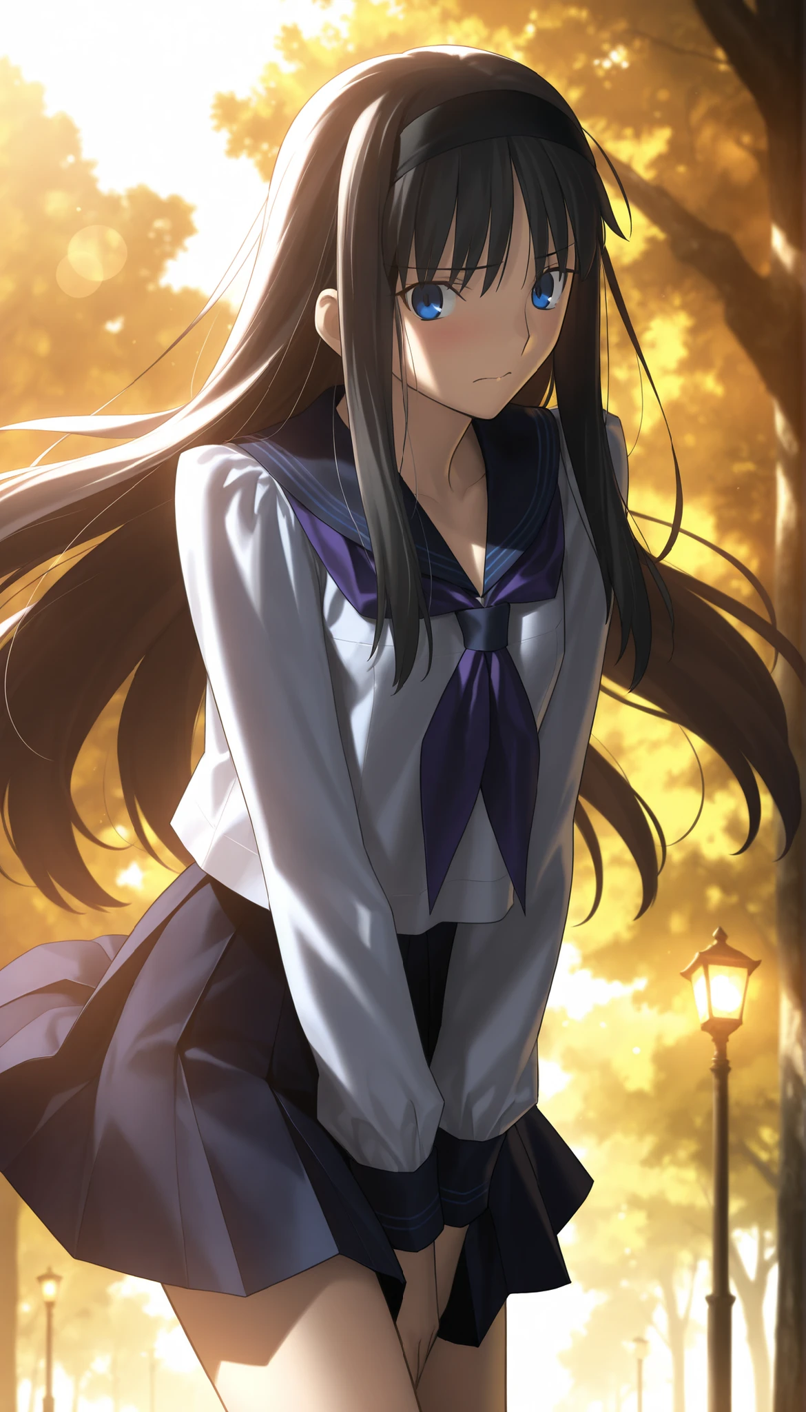 masterpiece, , absurdres, highres, detailed background, high resolution, masterpiece, necessary, detail, best quality, quality, necessary, details, High details, Precise, dark, outdoors, dappled sunlight, (evening, lamp), lens flare, blurry background, from below, solo,                                            
                                                                                                                                                                                                                         1girl, Takeuchi Takashi (type-moon,tsukihime) style, takeuchi takashi style,((wind lift)) , (pantie shot) ,(panicking) ,,  
   
tall girl, mature, Akiha_Tohno, (tsukihime), black hair, bangs, long hair, blue eyes, black headband, straight hair, tsurime, long sidelock, bent over, ,
(school uniform , sailor collar , serafuku , light blue shirt , long sleeves , purple neckerchief , blue neckerchief ), (show off panties), , mini black skirt , pleated skirt, mini skirt, , (small breasts, flat chest), , looking at viewer, light embarrassed ,arms between legs, 