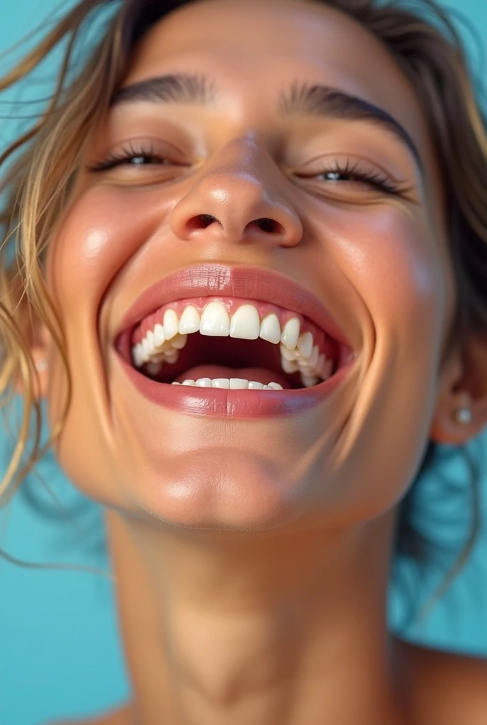 One girl, one girl, mouth wide open, stick out tongue, laughing loudly, happy smile, cheerful smile, 20 years old, Japanese, beautiful, pretty face, cute face, ((very short hair)), bikini, beach, blonde hair