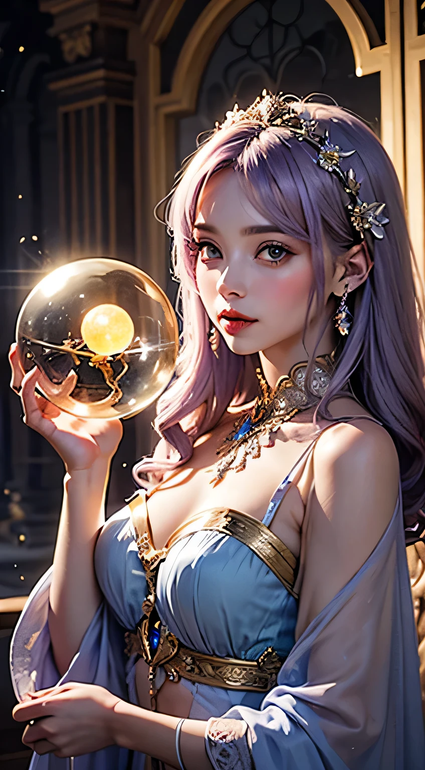 masterpiece, top-quality, hightquality, hight resolution、4K, Detailed, Detailed face, Draw a face, Beautiful mermaid sitting on crystal sphere, Girl placed inside the sphere, Beautiful flowers, Magic