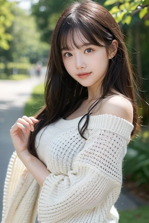 (RAW photogr, Best quality at best), (actual, 真实感:1.3), On the table, Extremely Delicately Beautiful, softlighting, (Brown hair, Shoulder-length straight hair swaying in the wind), By bangs, Beautiful Meticulous Girl, (detailed finger), Extremely detailed eyes and face, beautiful detailed nose, 美丽细致的眼睛, 1 girl, japanes, Clean beauty, 年轻, ssmile, Sweaters, trouser, (A half body:1.3), (mediuml breasts), Realistic face, Realistic body, ln the forest