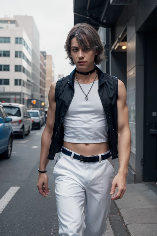 Male, skinny, white skin, mid length brown scruffy hair, black denim short shorts, black crop top, city background, night, in a dark alley, realistic, 8k, Unreal Engine, highly detailed, octane rendering,
