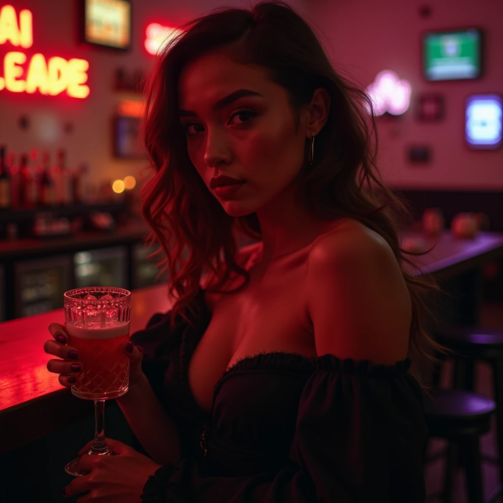 thick girl, sexy, low blouse, neckline, in a bar, warm lights, rock bar, beer, perfect face, NSFW, sexy blouse, A colorful and psychedelic photo of a woman with a shadow. , in the style of minimalist beauty, light bronze and bronze, serene faces, Sharp edges, karencore, High Definition, Contrast shading, realism --ar 3:5 --stylize 750 --v 6. 0 --style raw