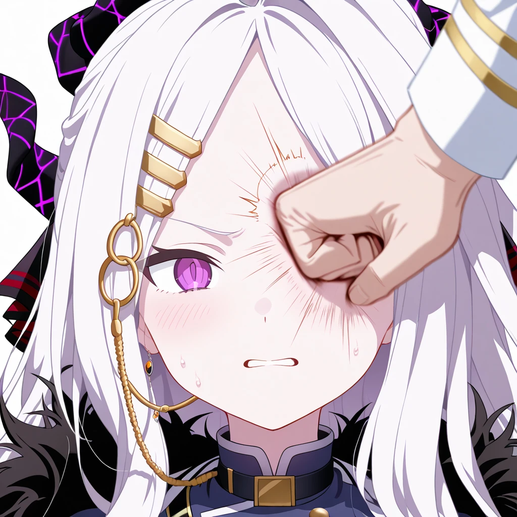 woman, blue eyes, long hair, white hair, mature, god eyes, diamond earings, glowing right eyes, two colors eyes, purple eyes, golden armor, injured, blood, dead, tears, glowing eyes