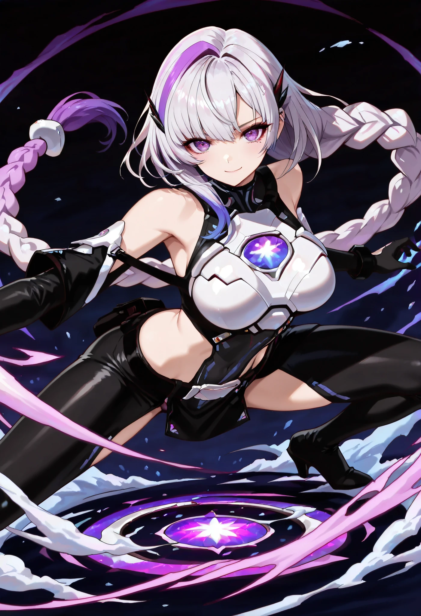 (Highest Quality:1.2, very well detailed, animeスタイル:1.37, anime, high contrast, masterpiece:1.2, Highest Quality, Best Aesthetics), 1 woman, cybersuit, sleeves are split , Bare Shoulder, black top, Silver Breastplate, Chest Energy Disc, black miniskirt, ( belt connecting left sleeve and right sleeve :1.1), 黒に紫色のアクセントが入ったcybersuit, (( white and purple gradation hair :1.4, Long hair braided, white and purple hair accessory:1.2, dark purple bangs :1.1, asymmetrical bang )), Purple Eyes, double eyelid, detailed face, loose braid , smile:1.2, Indifference, kind, full body shot.