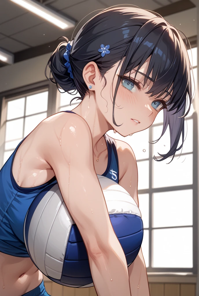 Realistic, plein air, One wall, Wide Angle,1girl in, Blue bobbed hair, Shy, embarrassed, blushed, Wide Angle, POV, From above, (Sportsbra), llight rays, Glow, (masutepiece), Make your audience your wallpaper、Hands tied behind your back、