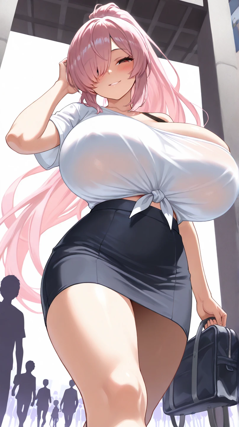 score_9, score_8_up, score_7_up, source_anime, best quality, clear face, Hinata Hyuga, Pink hair, pink eyes, long ponytail hair, gigantic breasts, perfect body, standing, looking at viewer, rolling up eyes, shocked, crop top and g-string, black clothes,dynamic angle, indoor, wet clothes,blushing,embrassed,see though top,big boob,hands between leg, shocked,view from below,bend over,ripped clothes,detailed nipple,burst out milk,mouth opened,tongue out, peeing on dress, the color of peeing is white