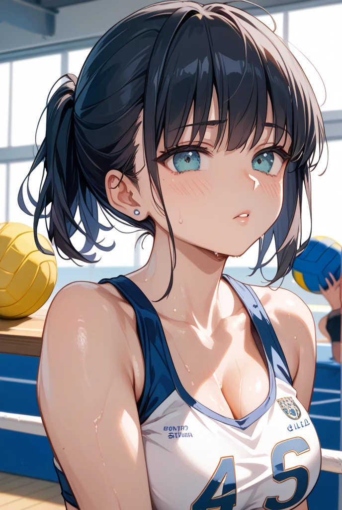 ((Sportswear、Highest quality、Masterpiece、High resolution))、(((Zoom photo from above、、Bukkabody、Wet Hair)))、(smile、blush)、Big Breasts、side the gymir