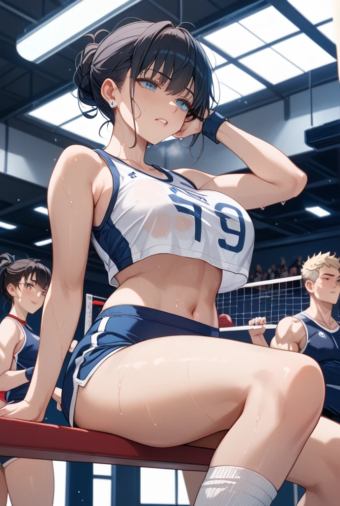nsfw,Completely naked、((masterpiece, 最high quality, Super Definition, High resolution)), Sony a7, Film Grain, Dark Night, Realistic, One-point perspective, Diffuse Reflection, Colorful shiny particles, Lens flare, Soft lighting, (Slender and muscular、Japanese women with thin limbs, 22 years old), Please raise your hand:1.1, ((Armpits are visible,Center front body shot from head to navel:1.5)), Remember, Dark brown short ponytail hair, Highly detailed face, fine grain, Detailed lips, single eyelid, ((Very small breasts:1.7)),((Beach volleyball court:1.2)), The audience gets excited, Serious face, high quality, 4K, Updo,(Broad shoulders:1.25),((Fine abdominal muscles:1.4)),(slim short torso:1.3),