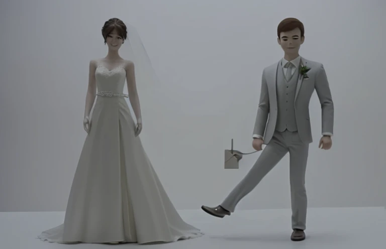A bride wearing an ais-brickz dress and a groom wearing an ais-brickz suit, standing outside of a church <lora:Bricks_Style_SDXL:0.6>