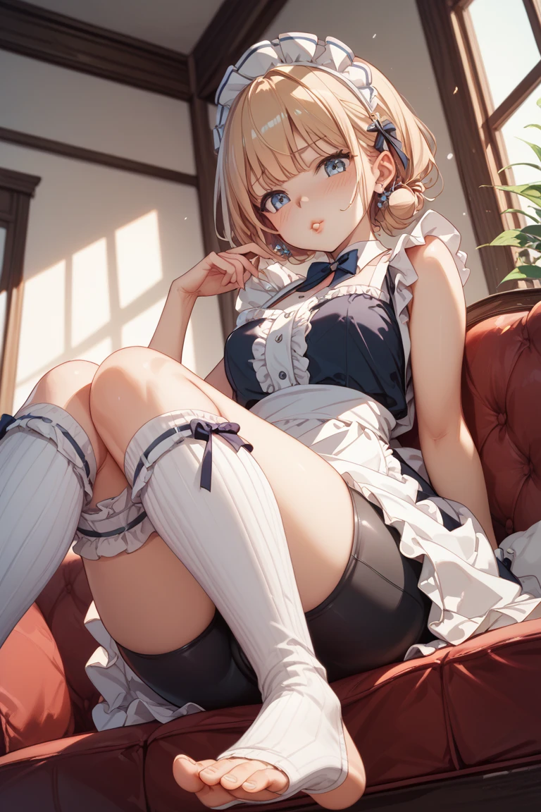 (footjob), Masterpiece、Highest quality、Highest quality, (long and thin legs, shoes:1.2), Arm behind wrist, squat、Spread your legs、1 girl, (smile、Open your mouth大笑い:1.2), Cute eyes, (Detailed face:1.3)、Open your mouth, The whole face turns red, alone, Big and ample breasts, (Straight bangs, bowl cut), White maid outfit、Side bust、Underbust、belly button、Walking through the mansion'corridor、nsfw、shoes下