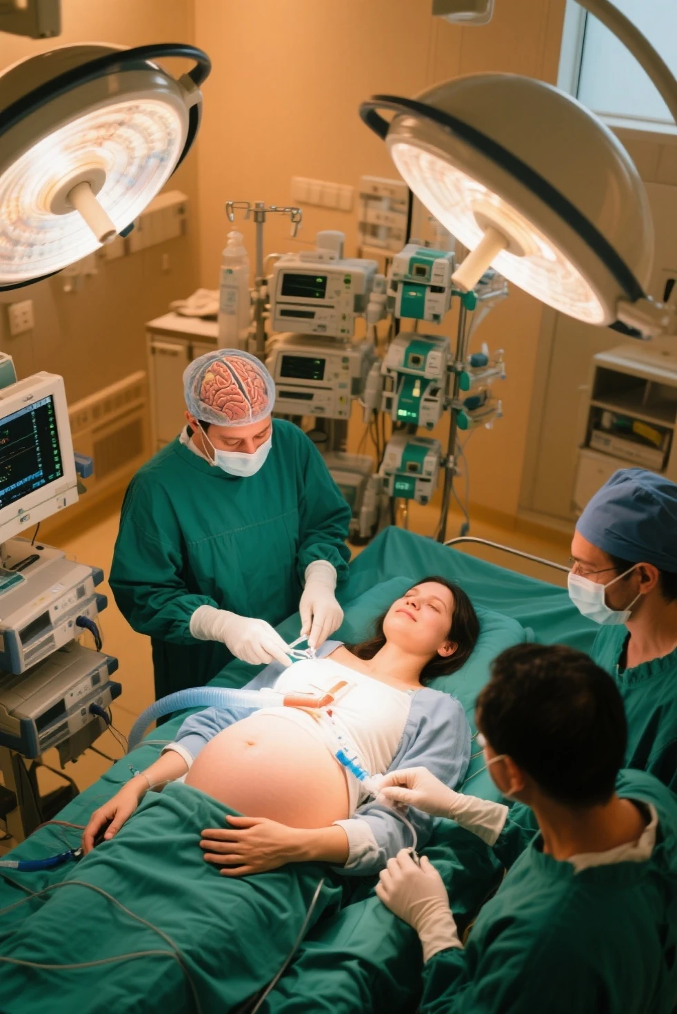 score_9,  score_8_up, score_7_up, masterpiece, highest quality, pale skin, shy eyes, cover the ears, big breasts, surgical mask, surgical cap, long sleeve surgical gown, pregnant with big belly, bare stomach, saw a pregnant woman's navel, the abdomen is smooth and clear without wrinkles, show your belly, 
1 girl, pregnant, solo, rubber gloves, frown,  standing, in one hospital, in the operating room,