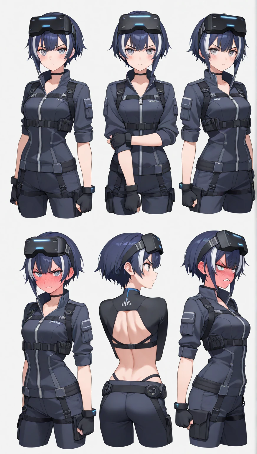 multiple views,reference sheet, model sheet, One Mature female,human, Dark hair with purple strands, Ponytail, purple eyes,black outfit,wearing gray bulletproof vest, neutral expression, Head Shot,Front facing view,Back view,Side view,Top view,Symmetric, beautiful, masterpiece, best quality, perfect lighting,8k,simple white background.