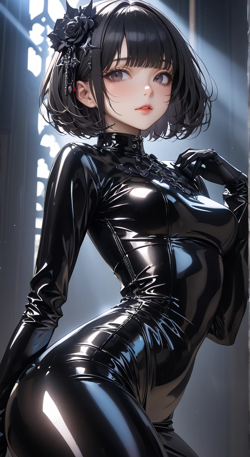 short hair, long robe, black cloths, tomboy, black hair, makeup, goth, glass,medium breast, christian, latin cross, walking, alone, forest