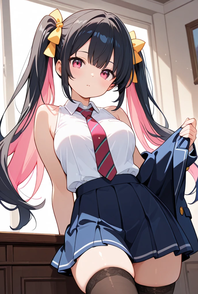 (Masterpiece:1.2), (Best quality:1.2),1girll,school_uniform, (((White panties))), shirt, dark skirt, Floating skirt, Pull up your skirt, Displayed well,long hair, (pigtails), black hair, pink eyes, smile, stocking
