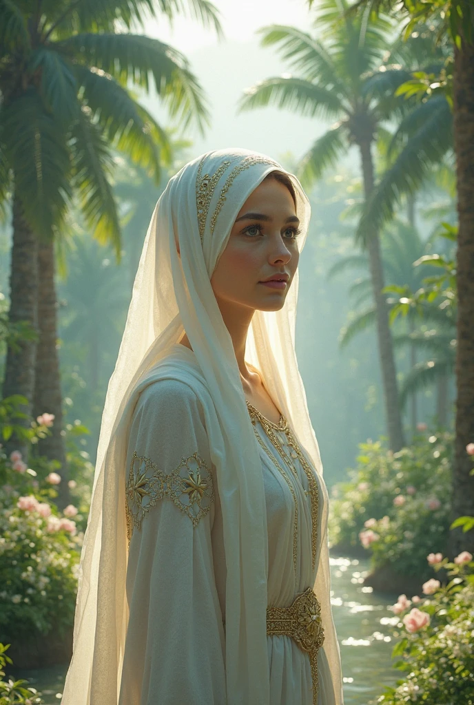 (best quality, 4k, 8k, highres, masterpiece: 1.2): Ultra-detailed, photorealistic image of a Muslim woman with extraordinary beauty, wearing a luxurious, intricately embroidered gown. Her face is delicately veiled, with only her angelic face visible. She stands in a heavenly garden, surrounded by radiant flowers, with soft, divine light illuminating her serene expression. (Muslim woman, fully veiled, angelic face, heavenly garden, divine light, queenly attire).