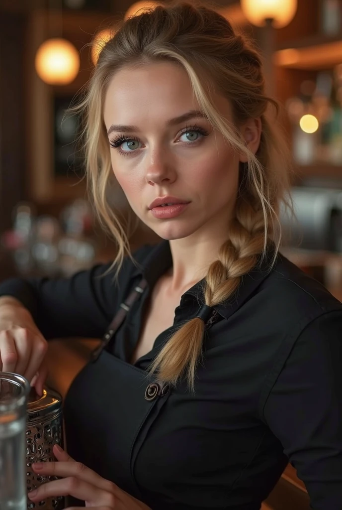 RAW, analog, Nikon Z 85mm, award winning glamour photograph,((best quality)), ((masterpiece)), ((realistic)), piercing eyes, very happy, blonde hair, quad braids, slim waist, wearing a tank top, big breasts, in an indoor cafe, a cup of coffee on table, street level, in the big city, afternoon light,