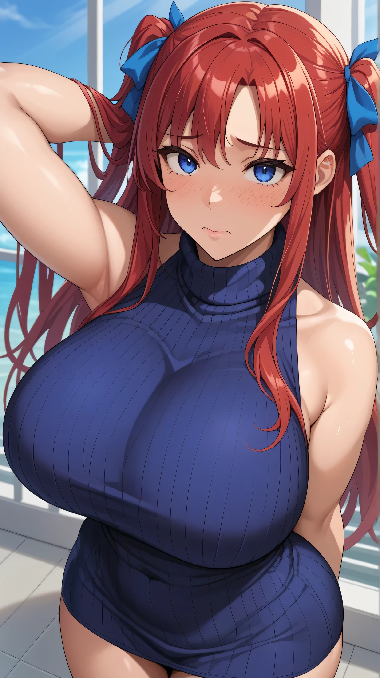 makim,chainsawman,smirk,open mouth,abraided ponytail,ringed eyes,red hairs, Long braided hair,(incrediblyabsurdres:1.5)、(Shiny shiny iridescent clothes:1.5)、(Shiny shiny school swimwear:1.2)、(Glossy reflective school swimwear:1.5)、(shiny glossy skin:1.1),tmasterpiece,Stand up,Hands were hoisted,The kinky exposed ,(Surreal breasttremely full breasts)),((Super large)),Big breasts Thin waist,(((Extremely large breasts))),worried expression,seductiv,High detail,hyper qualit,high resolution,8K,8k smooth,(reality: 1.2),(Highly realistic, Ultra-realistic, photograph realistic),(Realism: 1.2),Mature woman,Solo,(Perfect feminine curveig breasts:2),(Huge breasts:2),(gigantic cleavage breasts:2),(Large breasts:2),(Bare tits:1.4),(chiseled abs : 1.1),Nice strong legs,(Curvy:1.1),Narrow waist,(gigantic hip:1),(Thick thighs:1),(Thick legs:1)