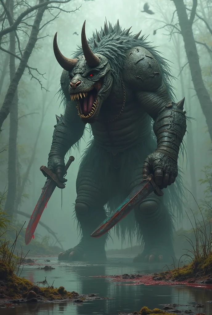 A corpulent humanoid zombie dragon with armor and vampire fangs on a pile of bones and a scythe in his right arm with a full moon background and a frightening aura and in the other hand the head of another dragon with bandages on its eyes