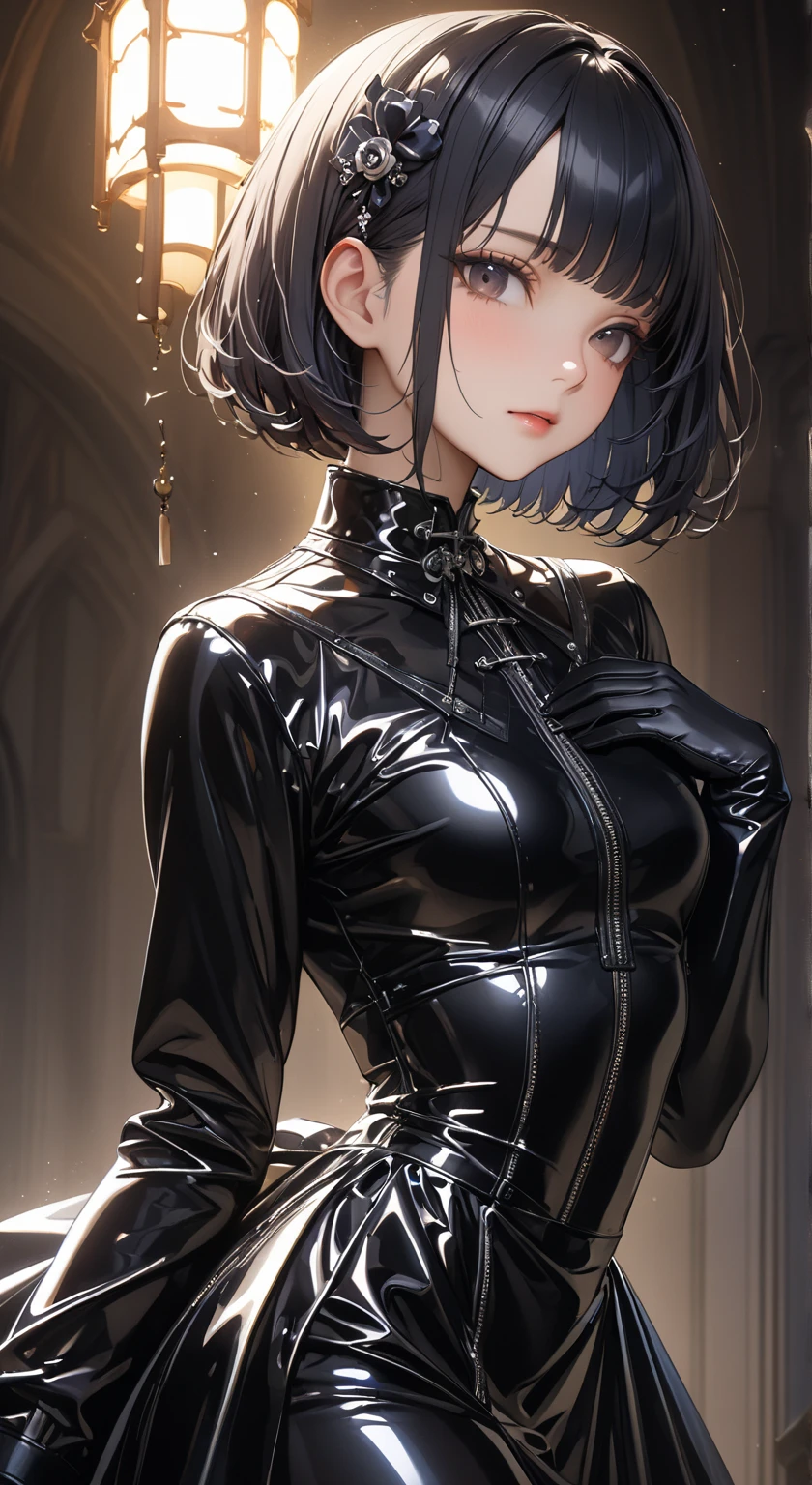 (masterpiece:1.2, best quality), (Practical, photoPractical:1.4), Fine quality illustrations, (Natural side light, light), Looking at the audience, Upper Body, (Front view), 1 girl, Perfect face, Cute symmetrical face, Glowing skin, baby face, Long eyelashes, (Medium breasts), (Wide hips:1.2),short hair, Beautiful hair, Pretty Face, Delicate and beautiful eyes, Beautiful Body, Beautiful breasts, Beautiful thighs, Beautiful Feet, Beautiful fingers, (Beautiful scenery),(Lovely smile:1.3, Upper Eye), 18 years old,Pale skin,Wearing a black corset、Woman with gothic hairstyle, With perforation, 1 Girl, Solitary, Black Hair, short hair, ring,(pierced:1.5),(Punk style:1.5),(Gothic dress),(Dark lips:1.5)
