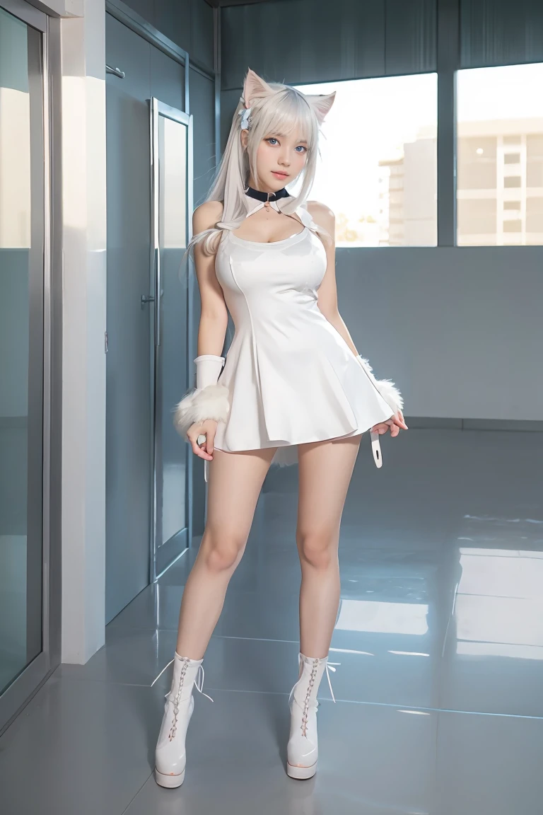 Thin waist, thin legs, 1 girl, anime style, transparent suspender stockings, leg straps, short skirt, (long white hair), blue eyes, rain-soaked top, rainy day, heartache expression