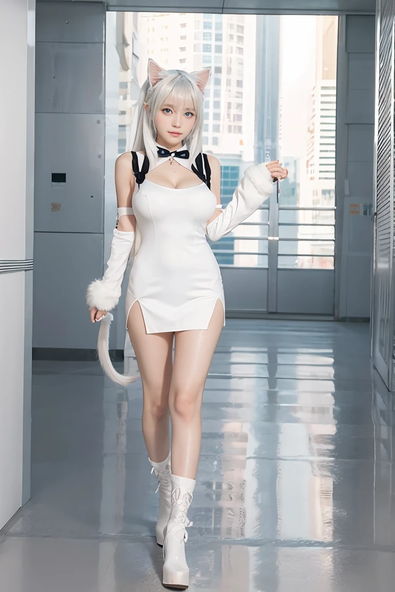 anime girl, white pantyhose, white clothes, white boots, long silver hair, purple eyes, sexy pose, highest quality, cleavage、beautiful eyes、smile