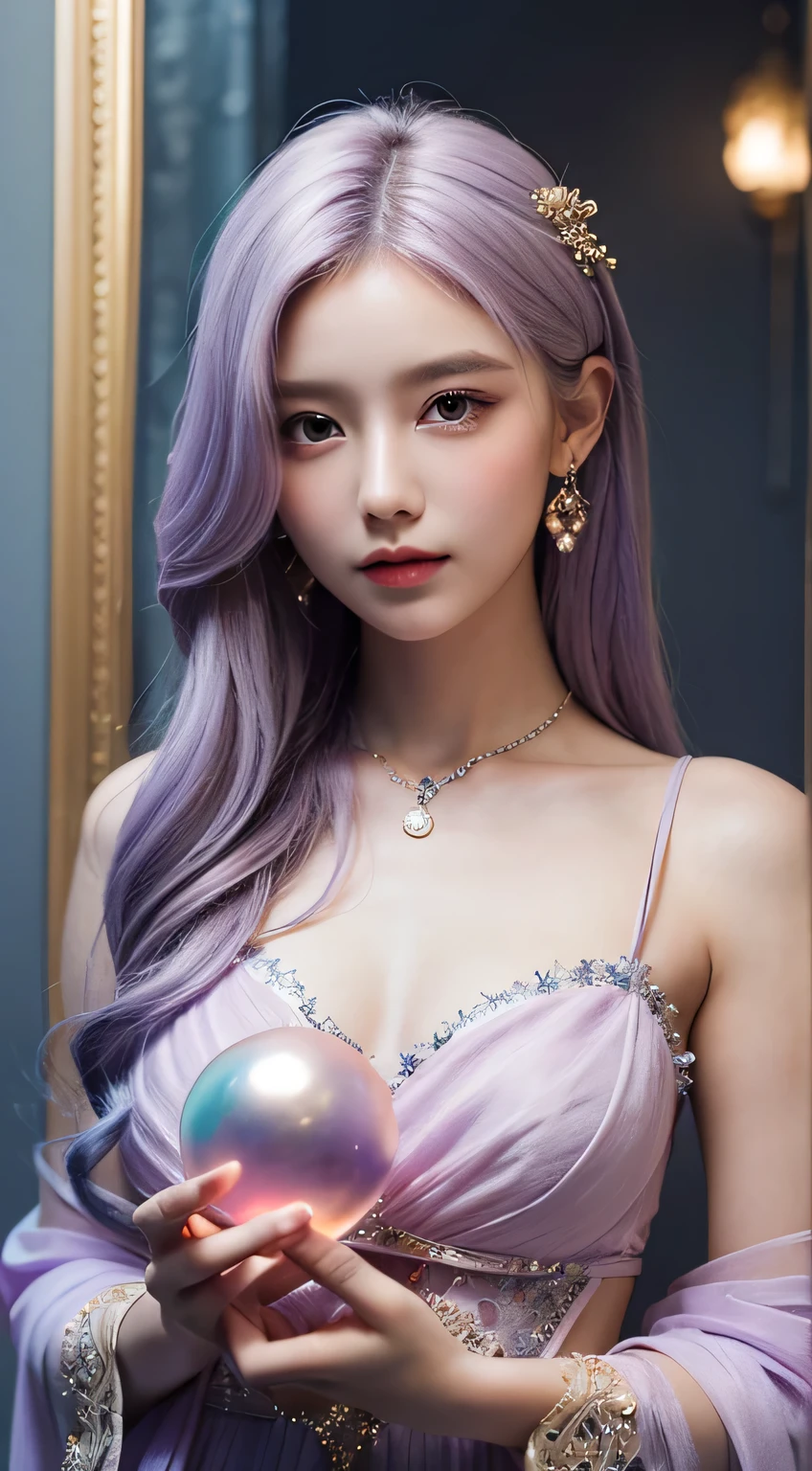 "A beautiful young female fortune teller with flowing, light purple hair, gently holding a glowing crystal ball, wearing intricate mystical attire in pastel shades, with a mysterious and enchanting atmosphere, soft ethereal lighting, detailed facial features, focused gaze, fantasy setting."