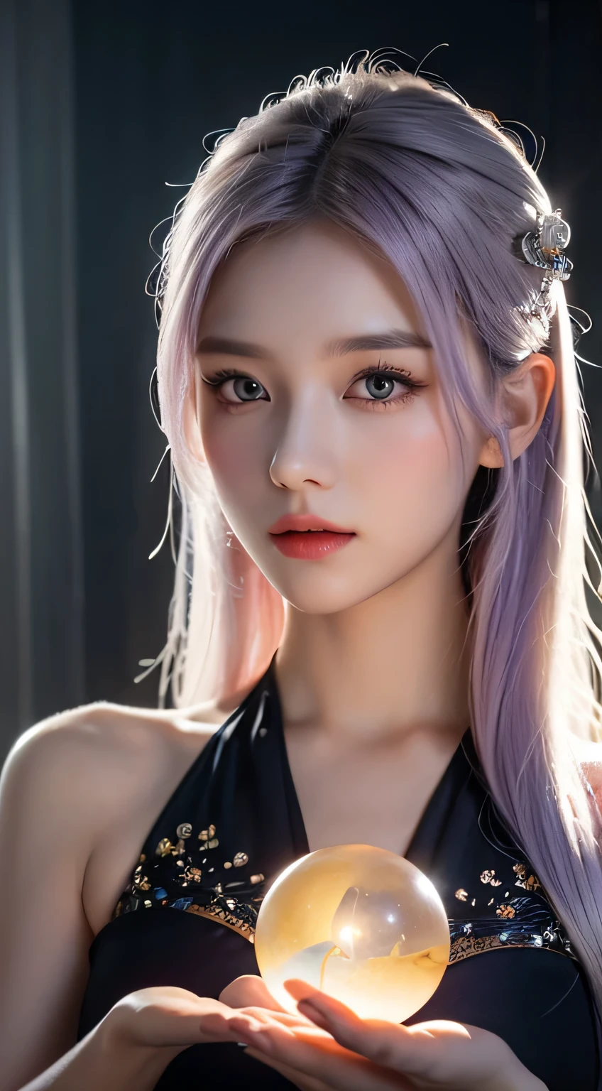 "A beautiful young female fortune teller with flowing, light purple hair, gently holding a glowing crystal ball, wearing intricate mystical attire in pastel shades, with a mysterious and enchanting atmosphere, soft ethereal lighting, detailed facial features, focused gaze, fantasy setting."