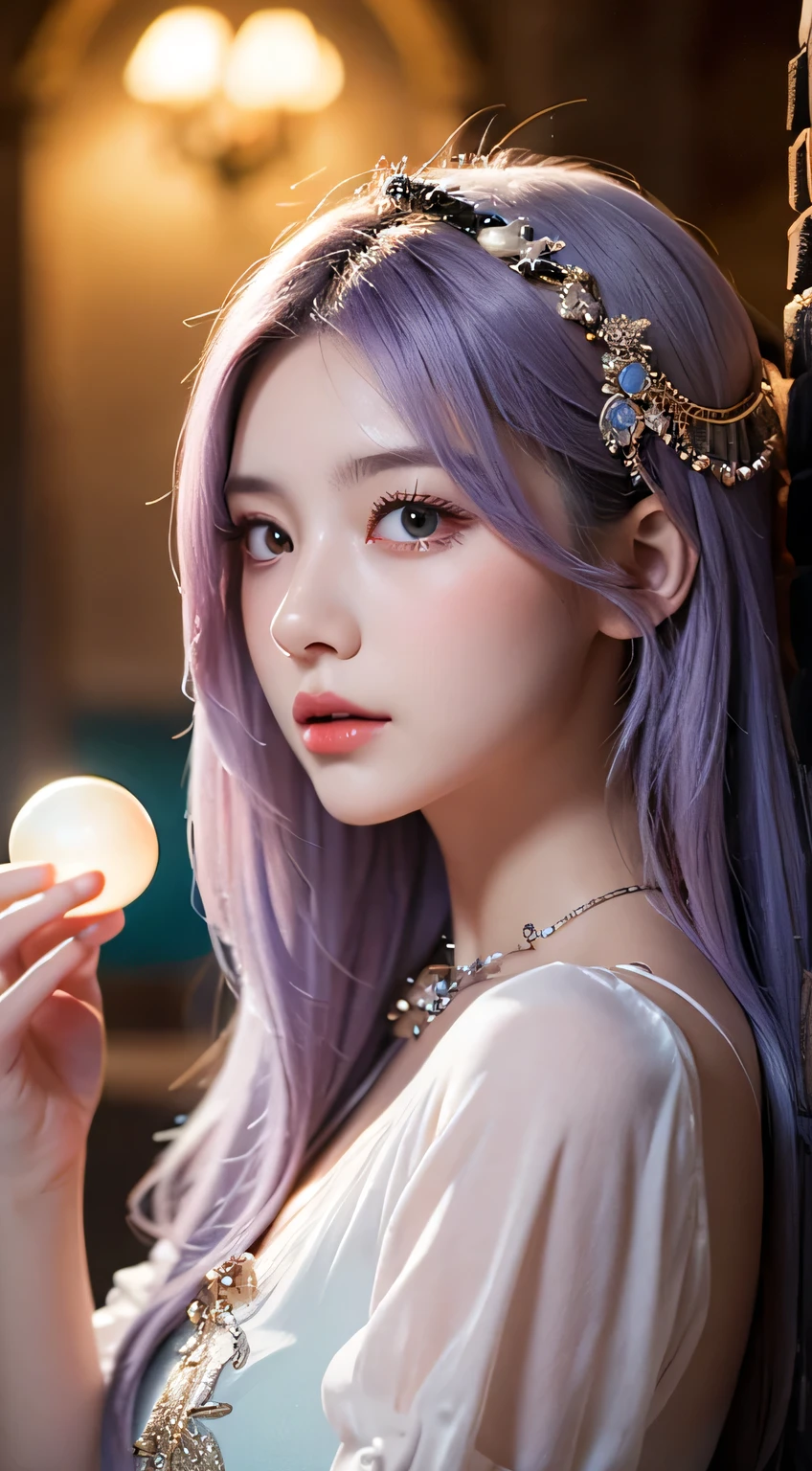 "A beautiful young female fortune teller with flowing, light purple hair, gently holding a glowing crystal ball, wearing intricate mystical attire in pastel shades, with a mysterious and enchanting atmosphere, soft ethereal lighting, detailed facial features, focused gaze, fantasy setting."