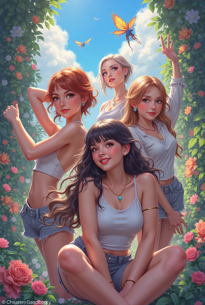 superflat, flat colors, 1girl, 19yo, slim, (medium breast), short bob dark hair, shy, vibrant colors, psychedelic, vibrant, bright, watercolor, (topless:1.3), ((wearing skimpy mini skirt:1.5)), (very small sexy t-shirt top:1.5), (( Lie down on the grass:1.4)), Overhead camera, sharp focus, handsome,plump legs, skinny,professional lighting,city, eyelines,gold necklace,rendered eyes,tall body,adult woman,hair ornament,instagram most viewed,official wallpaper, official art,(kpop idol), mini skirt, half-closed eyes,building,((photorealistic painting art by midjourney and greg rutkowski)),((supermodel))