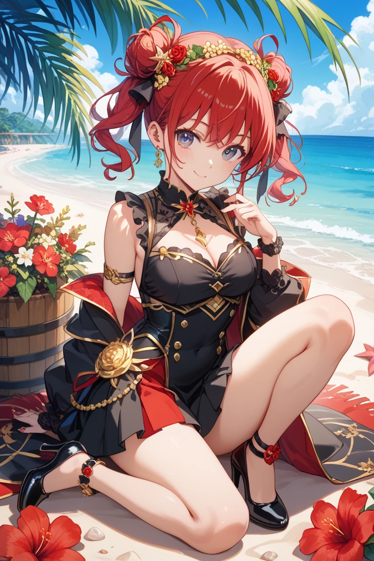 masterpiece,best quality,1girl,pyra,solo,bare_shoulders, black_ribbon,middle breasts, white_dress, collared_dress, dress, gloves, hair_ornament, hair_ribbon, hand_up, narrow_waist, neck_ribbon, pantyhose, pantylines, parted_lips, ribbon, short_dress, sleeveless, sleeveless_dress, swept_bangs, wrist_cuffs,