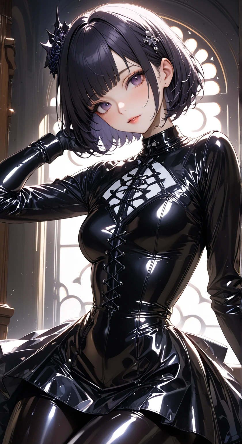 Wearing a black gothic dress, Wearing black latex gloves, Have a whip, Cute Japan girl face, Sanpaku eyes, slender, The whole body is shown., A dark-haired, a short bob, Wear lace-up boots, pale complexion, Best Quality