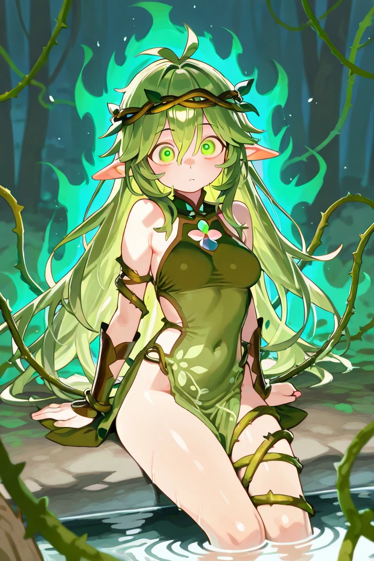 (highest quality、masterpiece、High resolution、detailed)animeスタイル、flat style、(Shining Eyes、detailed美しい顔),  BREAK,1 girl、Fantasy, 1forest_elemental, Fighting, (Use_leaf_Clothes, green_leaf_Covered_chest, leaf_Covered_Pussy)+++,Moderate_chest,dynamic_Pause_Are standing, Light_(Sensuality的な表情、Naughty), sleepy, Moderate_hair, belly button,(dark_skin)+, oil, (Take-up_ぶどうのwood_The surrounding area_body), (Slim figure)+,forest, wood_background, leaf_headgear, green_leaf_Cape, all_big_length_staff, Thighs,anime、Dynamic Angles、(NSFW),(SEX)、(Sensuality)