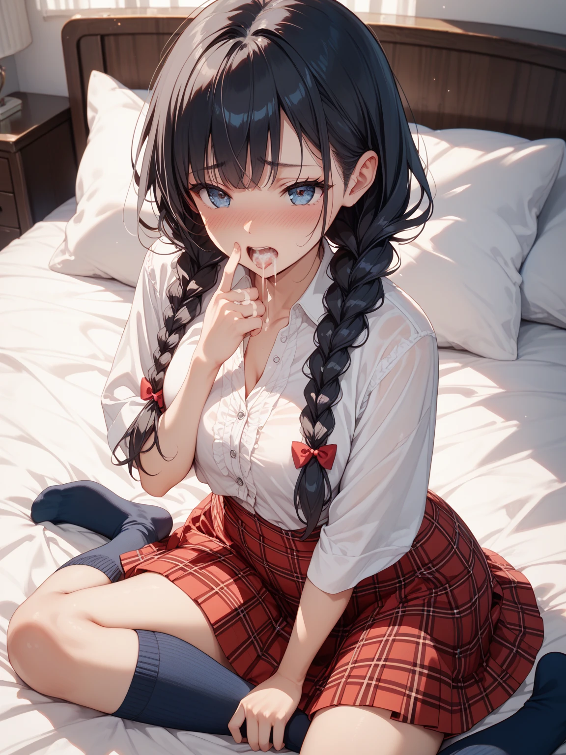 Highest quality,High resolution,1People Girl,whole body,On all fours,Look Up,looking at the camera,Big eyes,Crying face,Tears,Stringy saliva,Open your mouth wide,Sticking out tongue,Flush saliva,Overflowing with saliva,ponytail,Black Hair,Yellow-green eyes,Sailor Leotard,High Leg,Red tie,Tears overflow,Dripping a lot of saliva,Drooling,On the bed,Western-style room,Alluring,beautiful girl,loose socks,