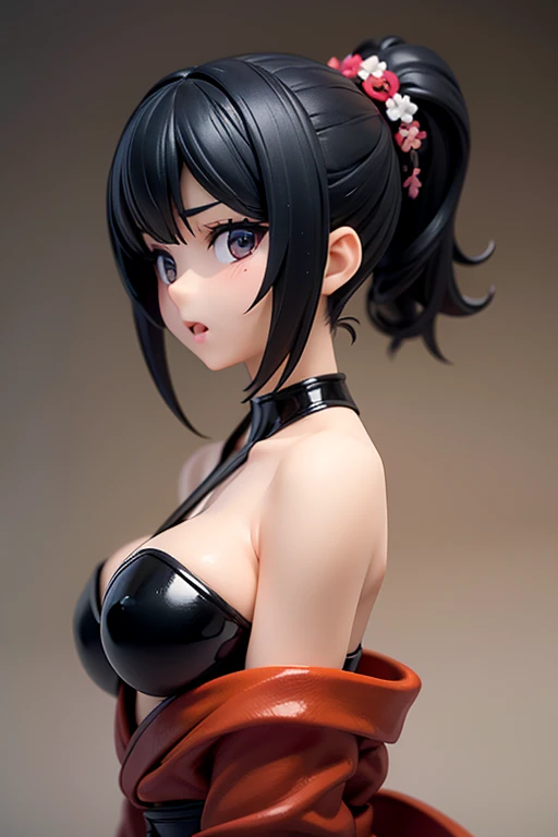 a Japanese girl, with straight hair tied up, black hair, naked, nsfw, laughing, doing an erotic pose with her hands on her breasts, perfect body, big chest, detailed curves, 8k, best quality, film lighting, detailed background