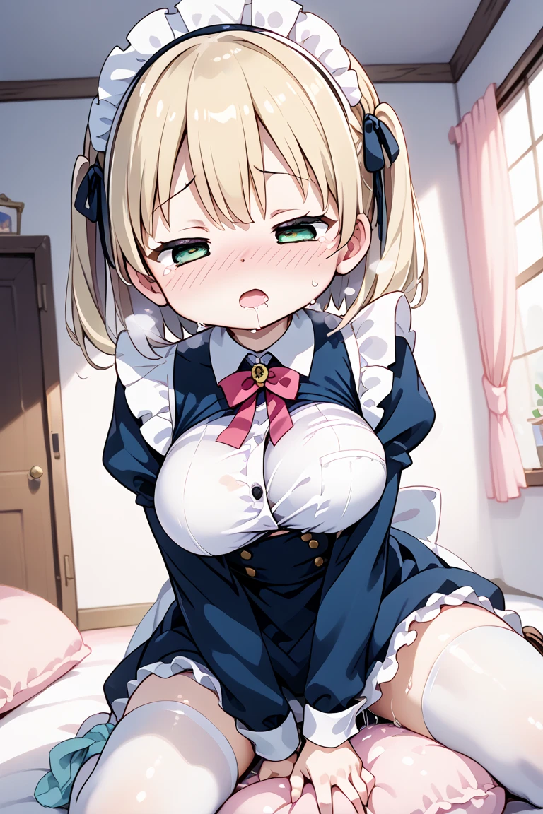 absurdres, (masterpiece, best quality), (ultra-detailed), extremely detailed,super high resolution, (Top Quality photorealistic Illustration), (Super Definition), (best quality,masterpiece:1.0),(cute illustration:1.3), (high Saturation:1.2), highres, ultra-detailed, 32k,8k resolution, intricate details, cinematic scene, detailed background, detailed background, super high precision, hiquality, top-quality, strong light,dynamic angle, strong light,close to viewer,breast focus,looking at viewerliving room, sofa BREAK the beauty of one beautiful girl, shiina mahir, aamahiru, (round face:1.6), (baby face:1.6), (kawaii:1.6), (cute:1.6), (:1.6), (slim body:1.6), (narrow waist, narrow thighs:1.6), (narrow stomach:1.6),Brown-eyed, high resolution eyes, beautiful eyes, light in the eyes, blonde long hair, fine-grained skin, red cheeks, BREAK (nipples peek slightly:1.6), (breasts peek slightly:1.6), (chest peek slightly:1.6),(no bra:1.6)medium breasts, (small nipples:1.2), (small areolas:1.2), (very small pantie:1.8), (smile:1.6),(maid apron:1.6),